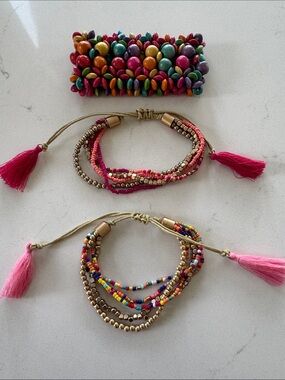 Multicolor Beaded Layered Bracelets with Pink Tassels - Women Jewelry set of 3